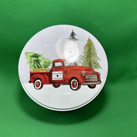 Tin Cookie Box Round 6.5" X‎ 3" Christmas Farm Fresh Pine Trees Snow Container - Picture 5 of 9